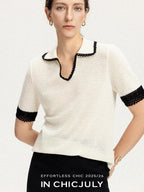 chicjuly Hand Knit Henley Collar Women's Linen Wool Short Sleeve T-shirts