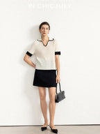 chicjuly Hand Knit Henley Collar Women's Linen Wool Short Sleeve T-shirts