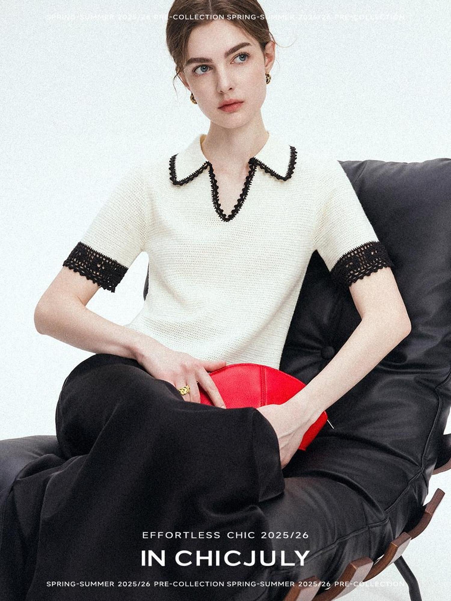 chicjuly Hand Knit Henley Collar Women's Linen Wool Short Sleeve T-shirts