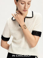 chicjuly Hand Knit Henley Collar Women's Linen Wool Short Sleeve T-shirts