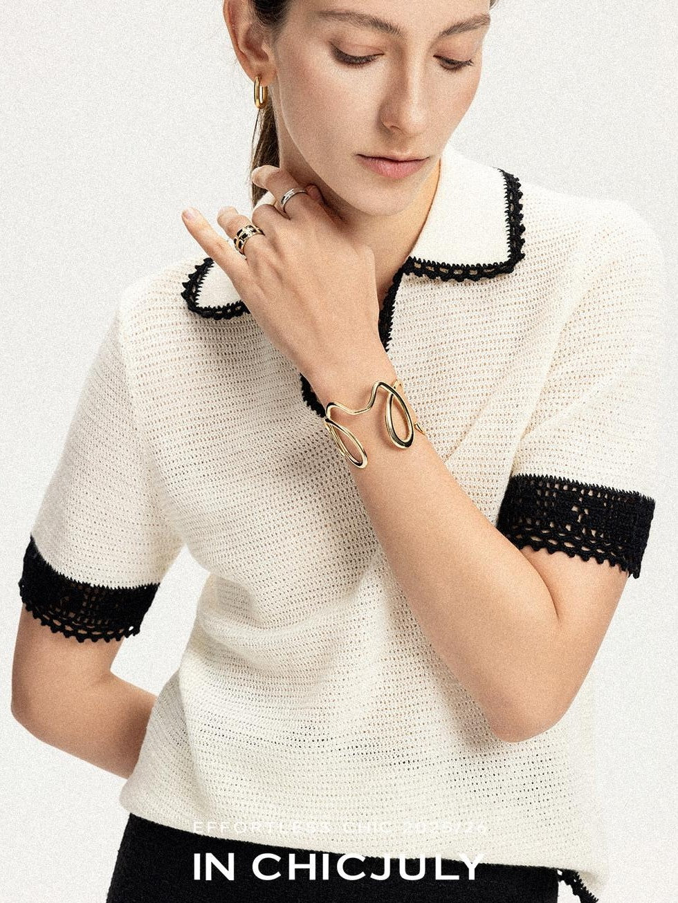 chicjuly Hand Knit Henley Collar Women's Linen Wool Short Sleeve T-shirts