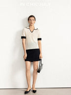 chicjuly Hand Knit Henley Collar Women's Linen Wool Short Sleeve T-shirts