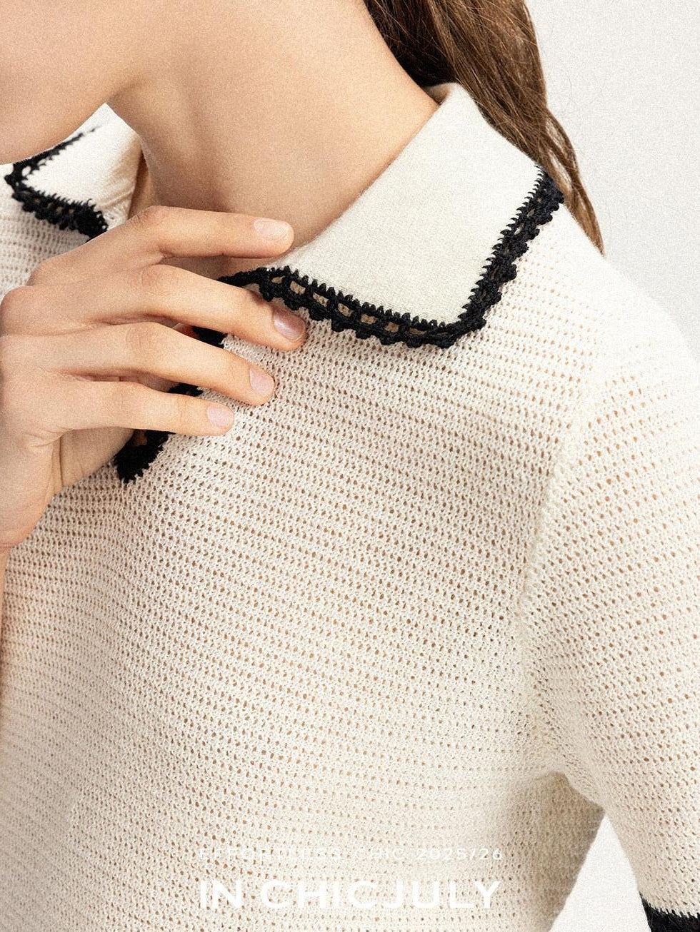 chicjuly Hand Knit Henley Collar Women's Linen Wool Short Sleeve T-shirts