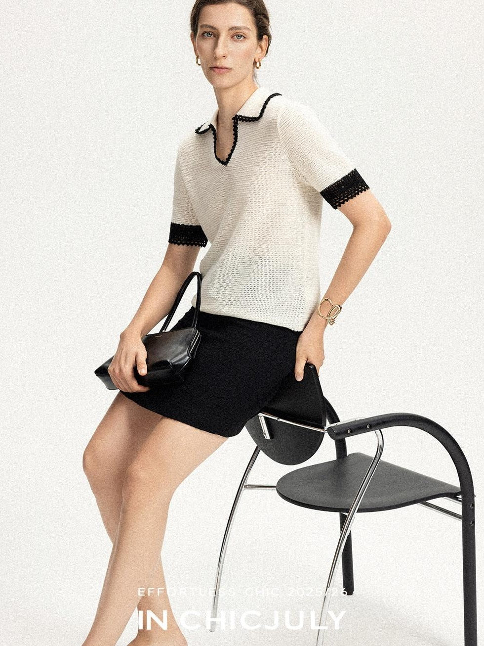 chicjuly Hand Knit Henley Collar Women's Linen Wool Short Sleeve T-shirts