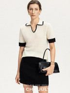 chicjuly Hand Knit Henley Collar Women's Linen Wool Short Sleeve T-shirts