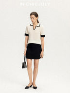 chicjuly Hand Knit Henley Collar Women's Linen Wool Short Sleeve T-shirts