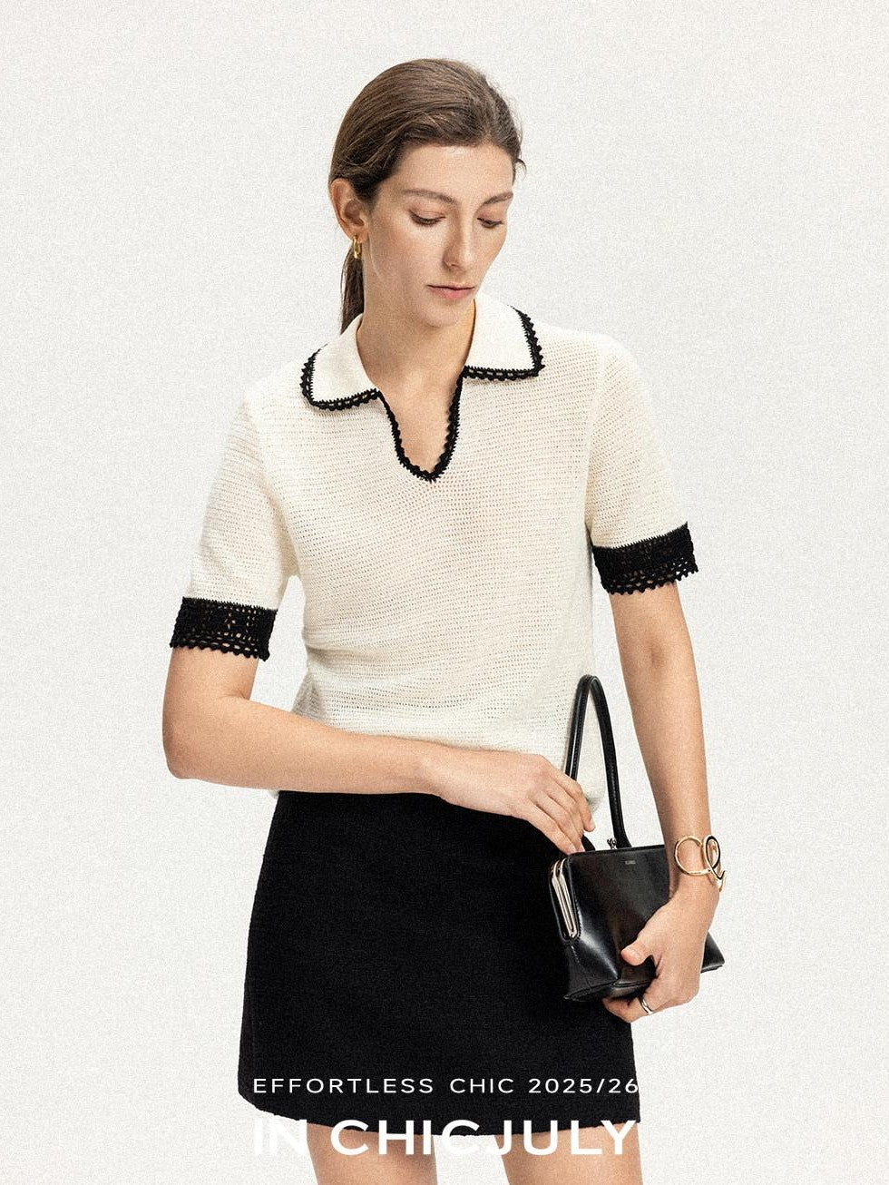 chicjuly Hand Knit Henley Collar Women's Linen Wool Short Sleeve T-shirts