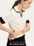 chicjuly Hand Knit Henley Collar Women's Linen Wool Short Sleeve T-shirts