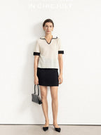 chicjuly Hand Knit Henley Collar Women's Linen Wool Short Sleeve T-shirts