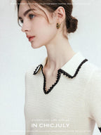 chicjuly Hand Knit Henley Collar Women's Linen Wool Short Sleeve T-shirts