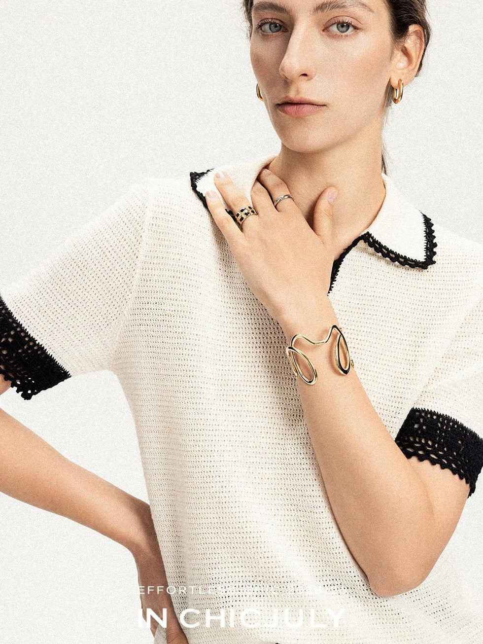 chicjuly Hand Knit Henley Collar Women's Linen Wool Short Sleeve T-shirts
