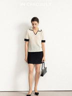 chicjuly Hand Knit Henley Collar Women's Linen Wool Short Sleeve T-shirts