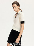 chicjuly Hand Knit Henley Collar Women's Linen Wool Short Sleeve T-shirts