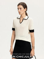 chicjuly Hand Knit Henley Collar Women's Linen Wool Short Sleeve T-shirts