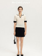 chicjuly Hand Knit Henley Collar Women's Linen Wool Short Sleeve T-shirts