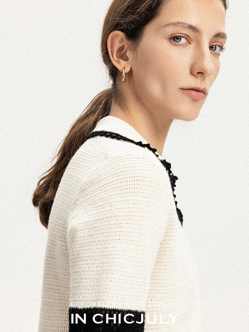 chicjuly Hand Knit Henley Collar Women's Linen Wool Short Sleeve T-shirts