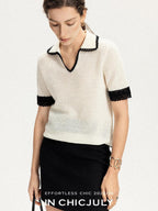 chicjuly Hand Knit Henley Collar Women's Linen Wool Short Sleeve T-shirts