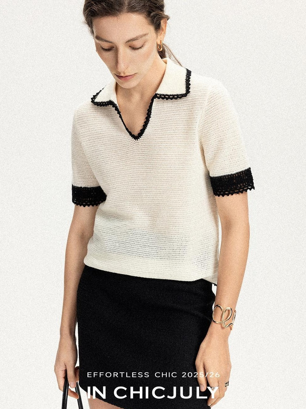 chicjuly Hand Knit Henley Collar Women's Linen Wool Short Sleeve T-shirts