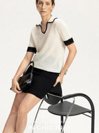 chicjuly Hand Knit Henley Collar Women's Linen Wool Short Sleeve T-shirts