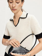 chicjuly Hand Knit Henley Collar Women's Linen Wool Short Sleeve T-shirts