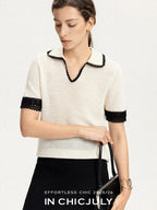 chicjuly Hand Knit Henley Collar Women's Linen Wool Short Sleeve T-shirts