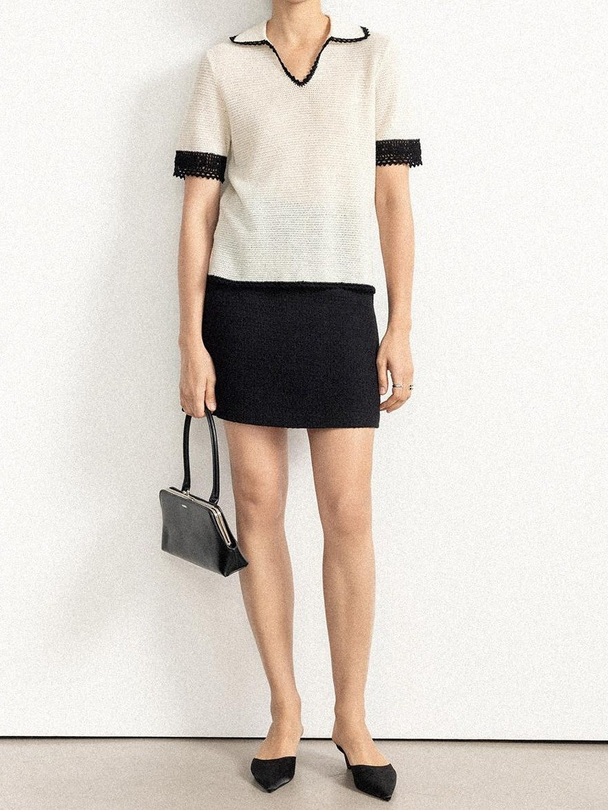 chicjuly Hand Knit Henley Collar Women's Linen Wool Short Sleeve T-shirts