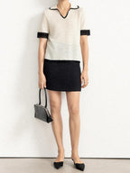 chicjuly Hand Knit Henley Collar Women's Linen Wool Short Sleeve T-shirts