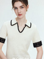 chicjuly Hand Knit Henley Collar Women's Linen Wool Short Sleeve T-shirts