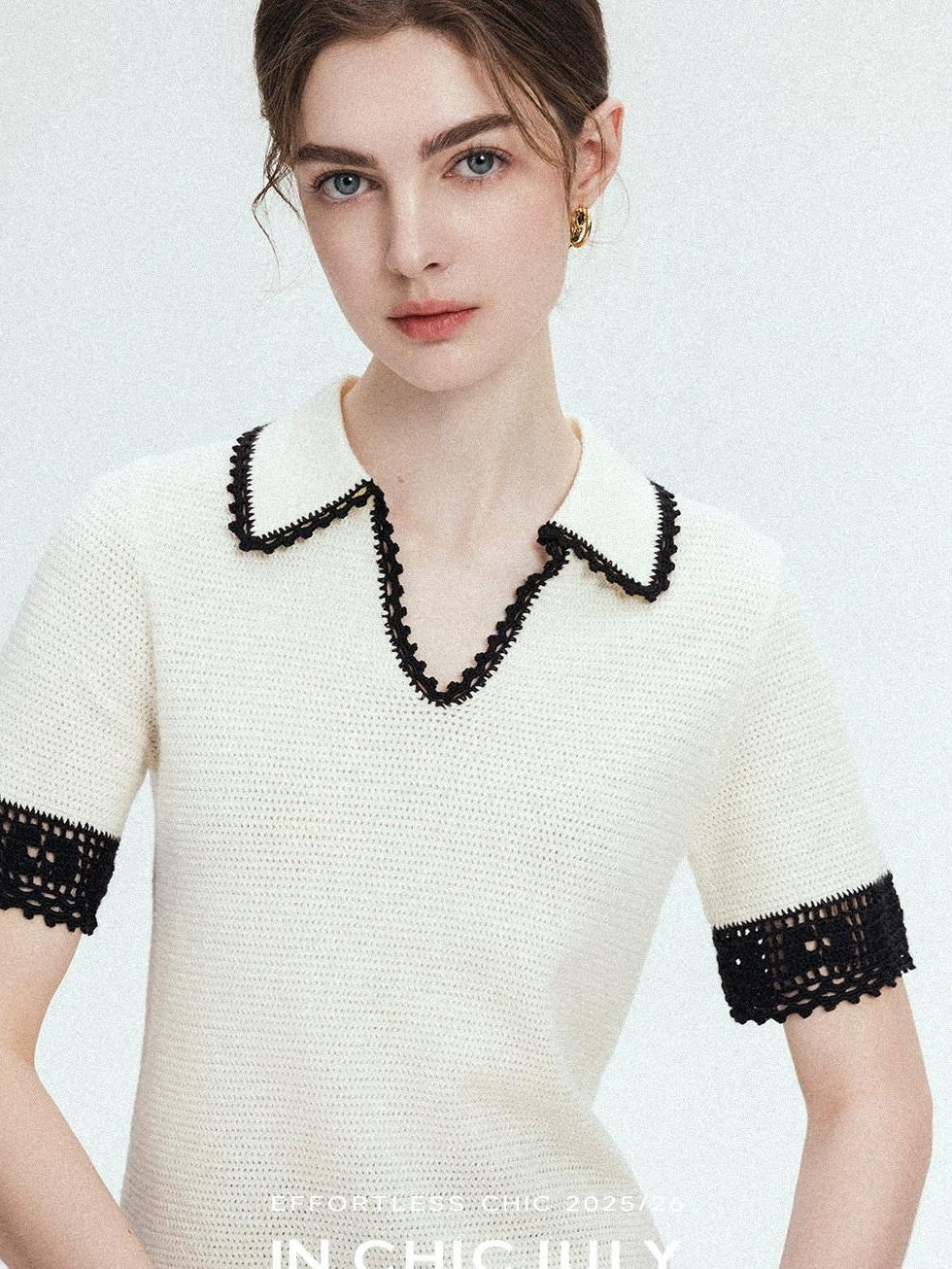 chicjuly Hand Knit Henley Collar Women's Linen Wool Short Sleeve T-shirts