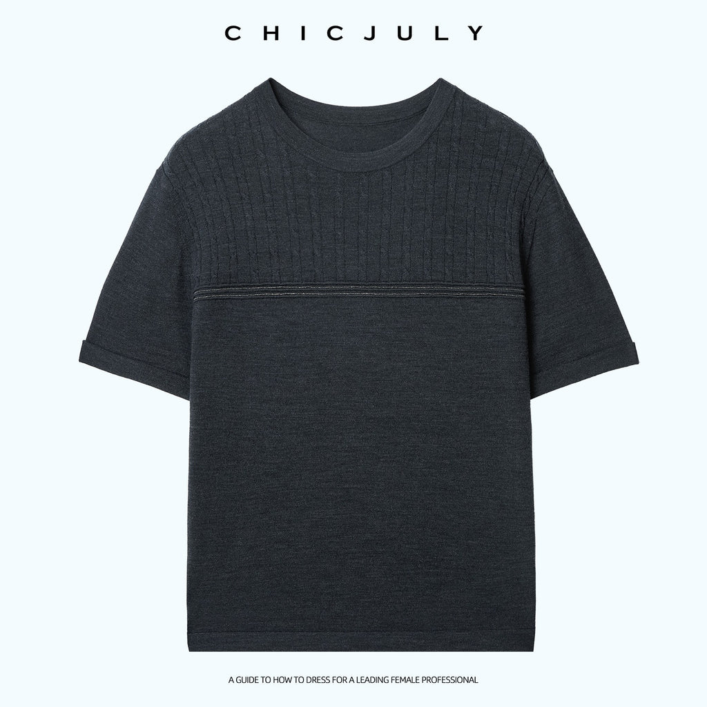 chicjuly Handcrafted Beaded Cable Knit Women's Mulberry Silk Wool Short Sleeve T-shirts 1038194601127