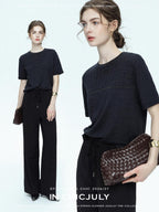chicjuly Handcrafted Beaded Cable Knit Women's Mulberry Silk Wool Short Sleeve T-shirts