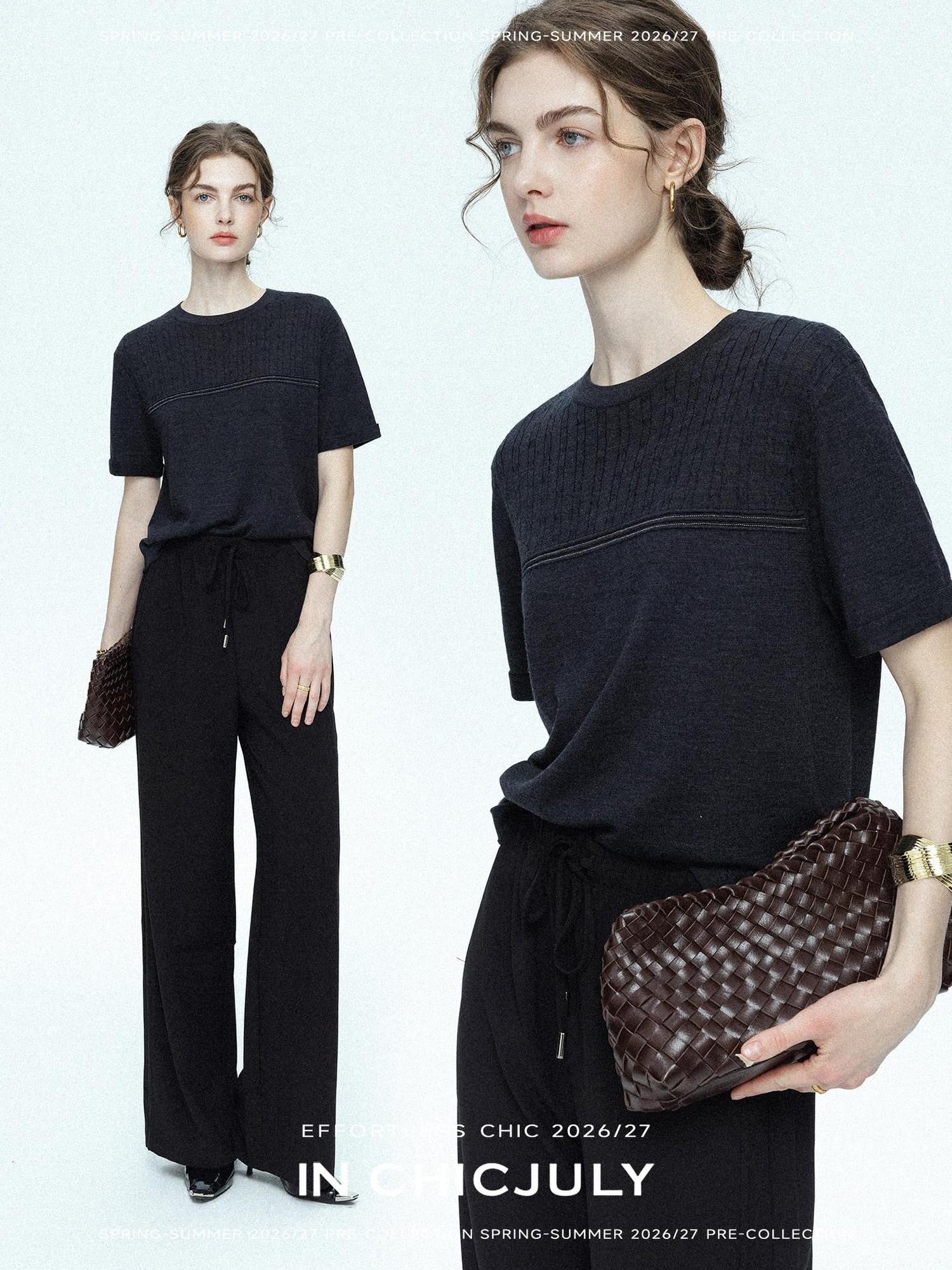 chicjuly Handcrafted Beaded Cable Knit Women's Mulberry Silk Wool Short Sleeve T-shirts
