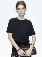 chicjuly Handcrafted Beaded Cable Knit Women's Mulberry Silk Wool Short Sleeve T-shirts