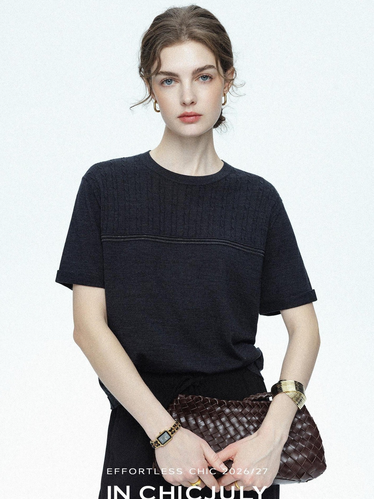 chicjuly Handcrafted Beaded Cable Knit Women's Mulberry Silk Wool Short Sleeve T-shirts