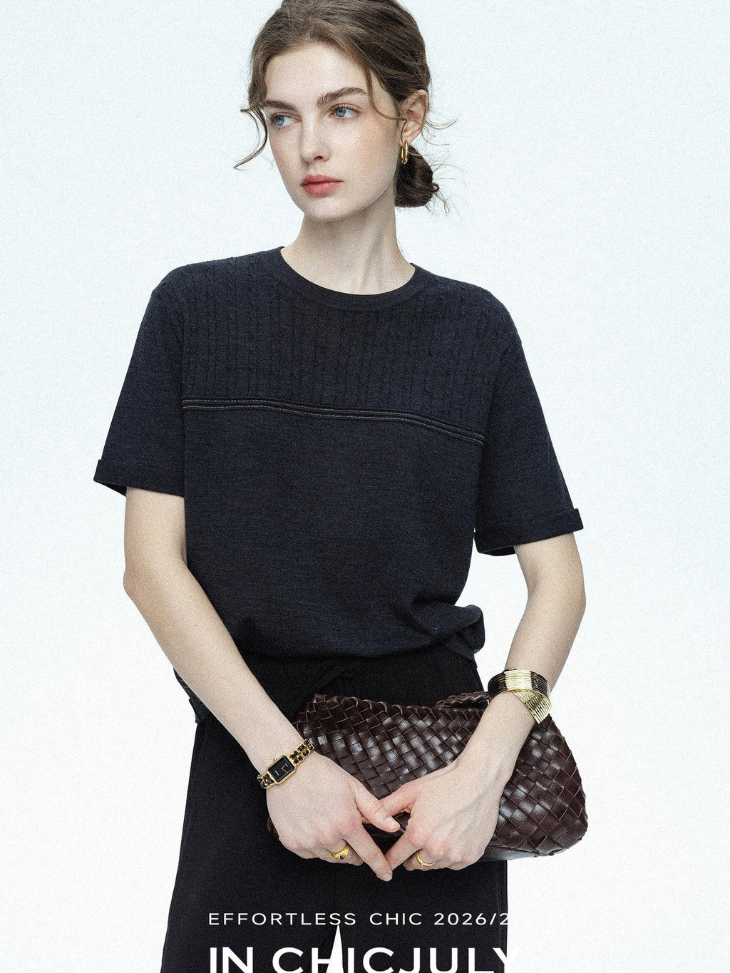 chicjuly Handcrafted Beaded Cable Knit Women's Mulberry Silk Wool Short Sleeve T-shirts