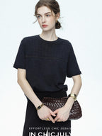 chicjuly Handcrafted Beaded Cable Knit Women's Mulberry Silk Wool Short Sleeve T-shirts