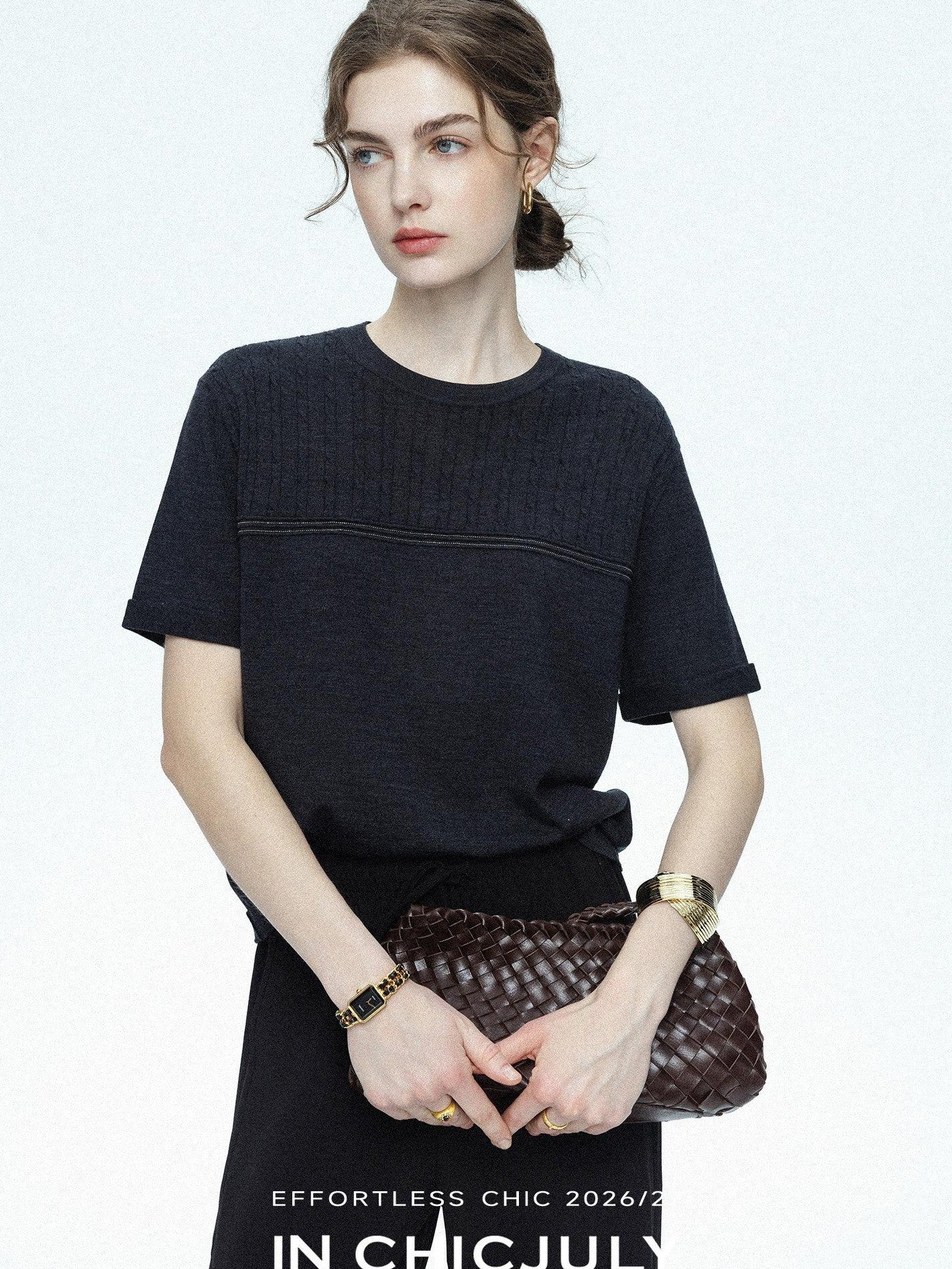 chicjuly Handcrafted Beaded Cable Knit Women's Mulberry Silk Wool Short Sleeve T-shirts