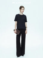 chicjuly Handcrafted Beaded Cable Knit Women's Mulberry Silk Wool Short Sleeve T-shirts