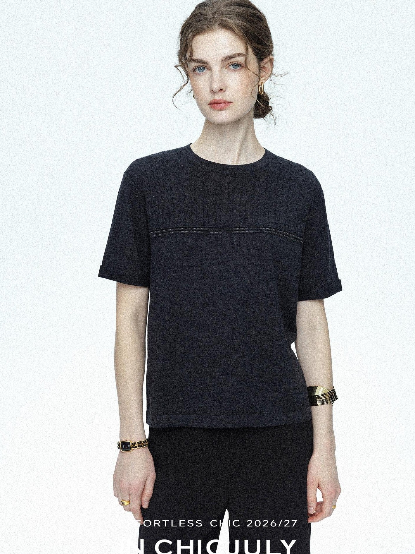 chicjuly Handcrafted Beaded Cable Knit Women's Mulberry Silk Wool Short Sleeve T-shirts