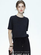 chicjuly Handcrafted Beaded Cable Knit Women's Mulberry Silk Wool Short Sleeve T-shirts