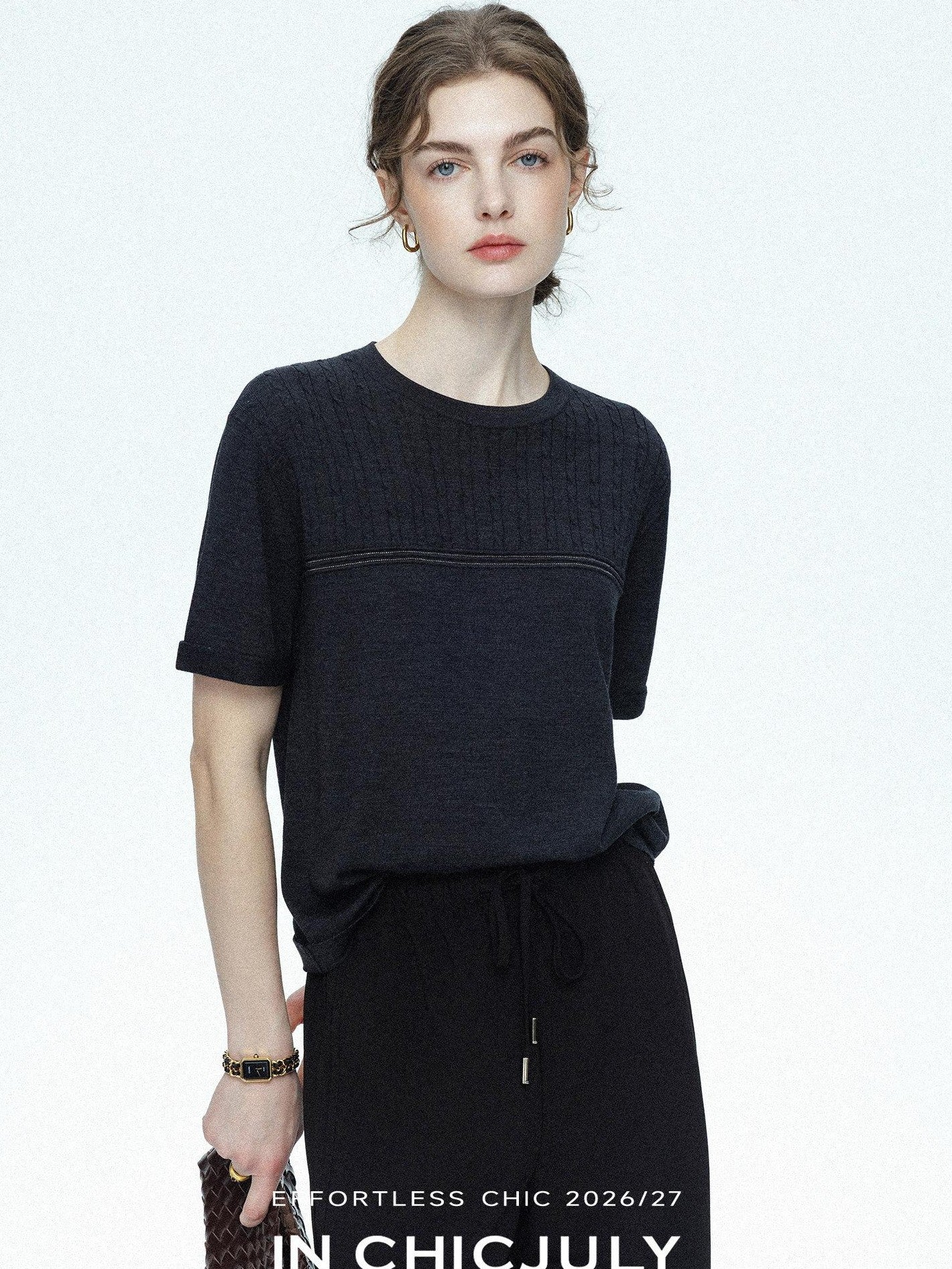 chicjuly Handcrafted Beaded Cable Knit Women's Mulberry Silk Wool Short Sleeve T-shirts