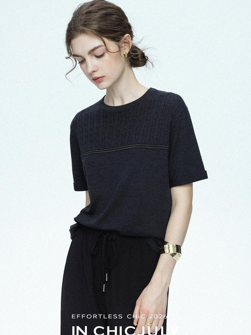 chicjuly Handcrafted Beaded Cable Knit Women's Mulberry Silk Wool Short Sleeve T-shirts
