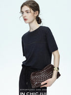 chicjuly Handcrafted Beaded Cable Knit Women's Mulberry Silk Wool Short Sleeve T-shirts