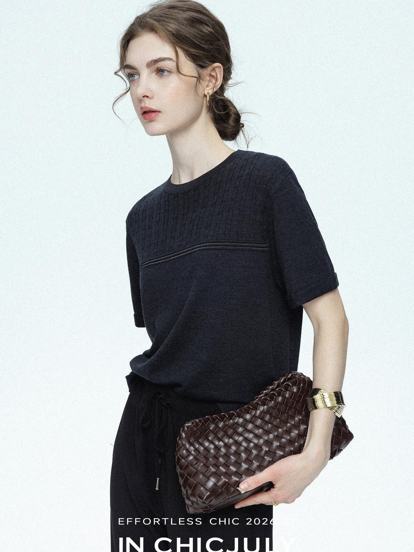 chicjuly Handcrafted Beaded Cable Knit Women's Mulberry Silk Wool Short Sleeve T-shirts