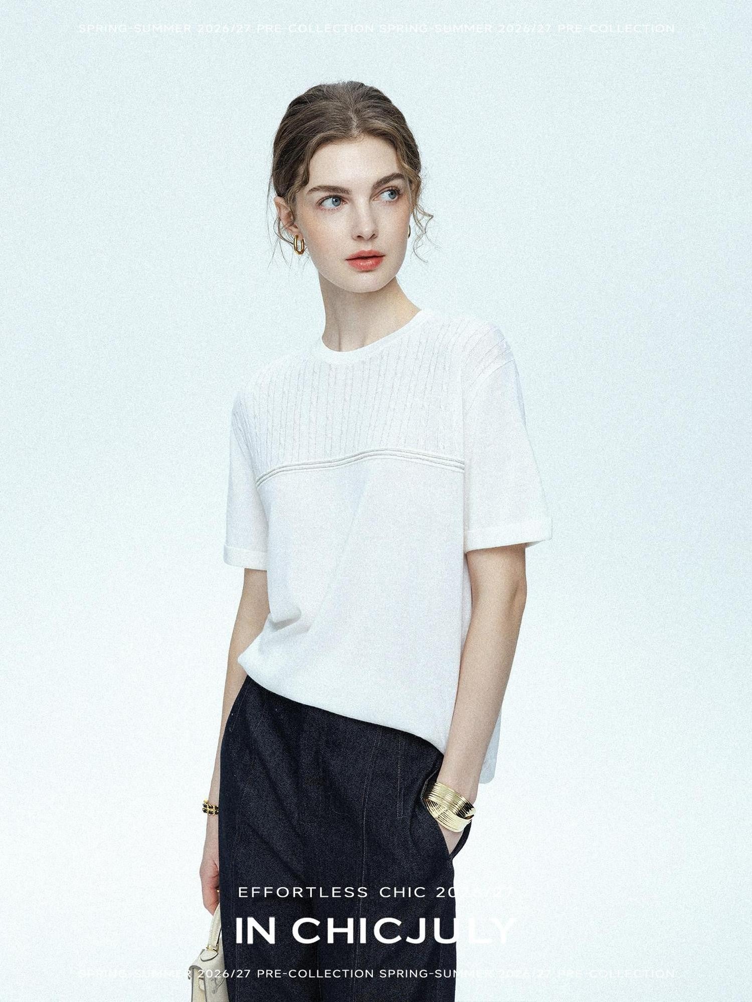 chicjuly Handcrafted Beaded Cable Knit Women's Mulberry Silk Wool Short Sleeve T-shirts
