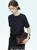 chicjuly Handcrafted Beaded Cable Knit Women's Mulberry Silk Wool Short Sleeve T-shirts