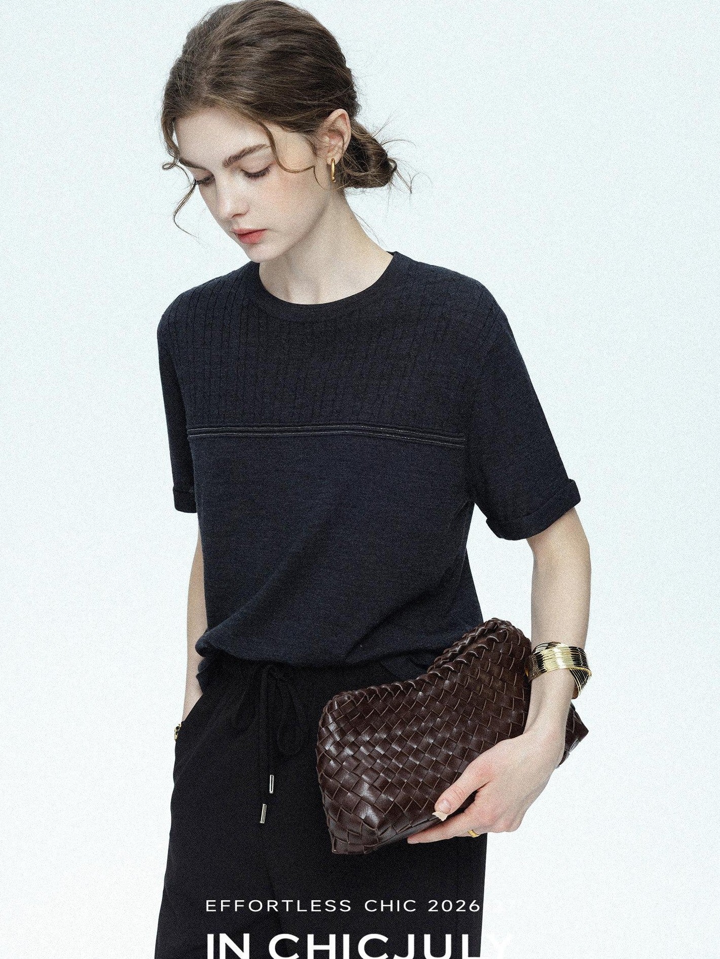 chicjuly Handcrafted Beaded Cable Knit Women's Mulberry Silk Wool Short Sleeve T-shirts