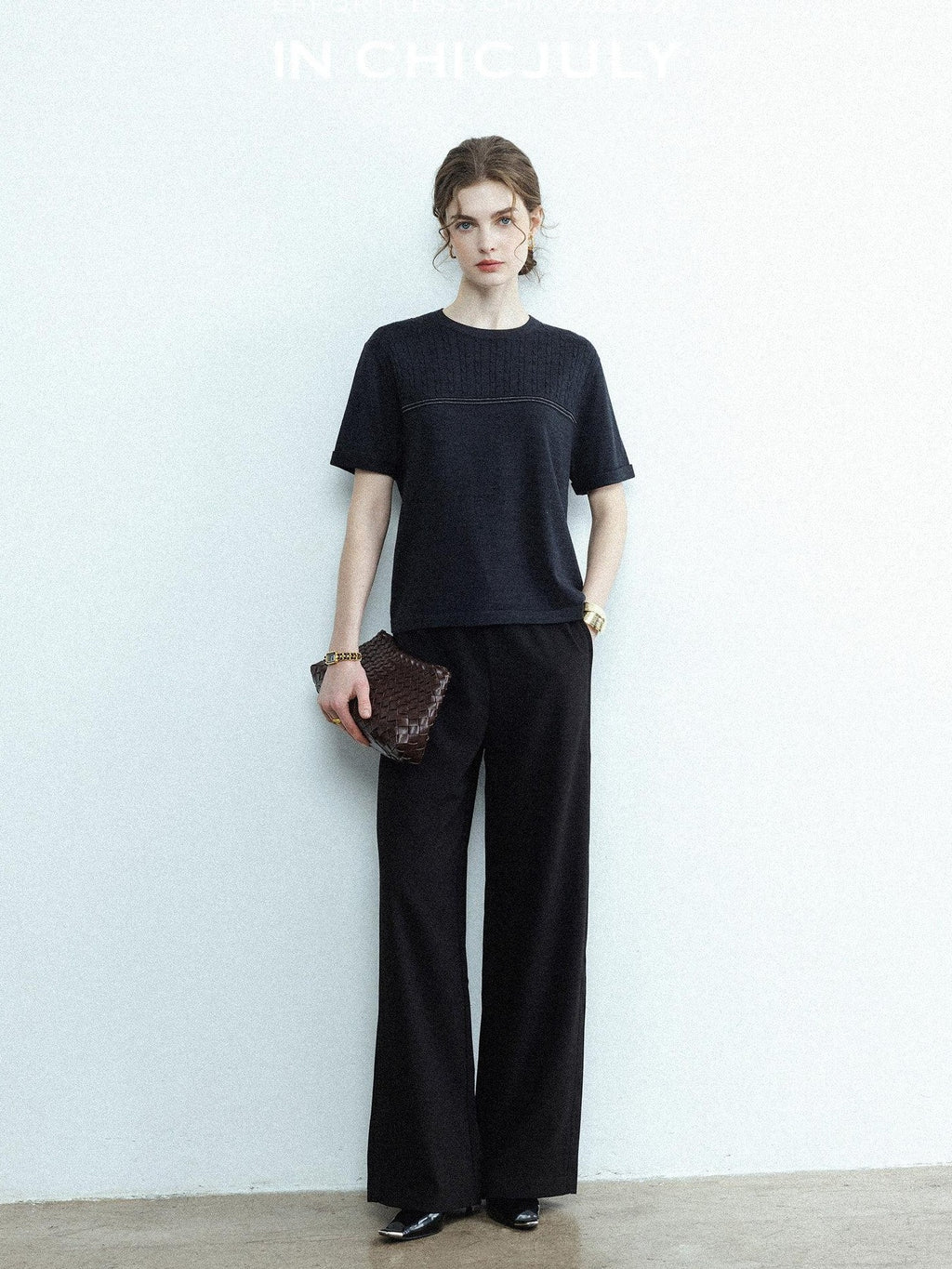 chicjuly Handcrafted Beaded Cable Knit Women's Mulberry Silk Wool Short Sleeve T-shirts