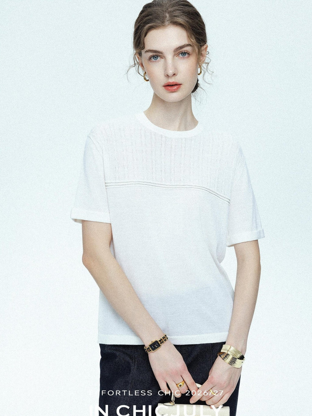 chicjuly Handcrafted Beaded Cable Knit Women's Mulberry Silk Wool Short Sleeve T-shirts