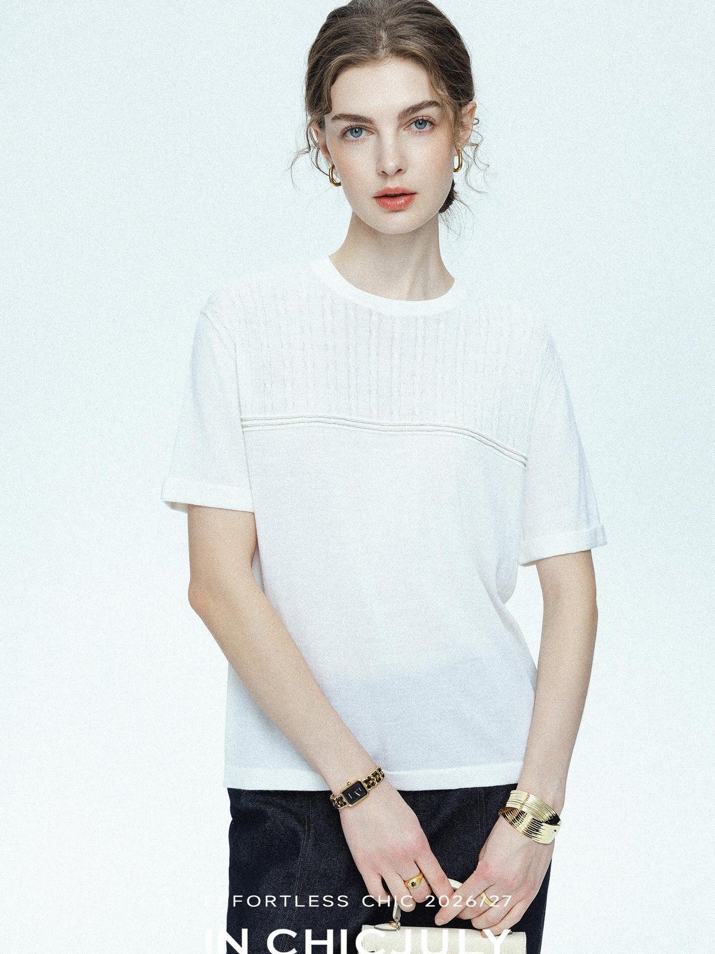 chicjuly Handcrafted Beaded Cable Knit Women's Mulberry Silk Wool Short Sleeve T-shirts